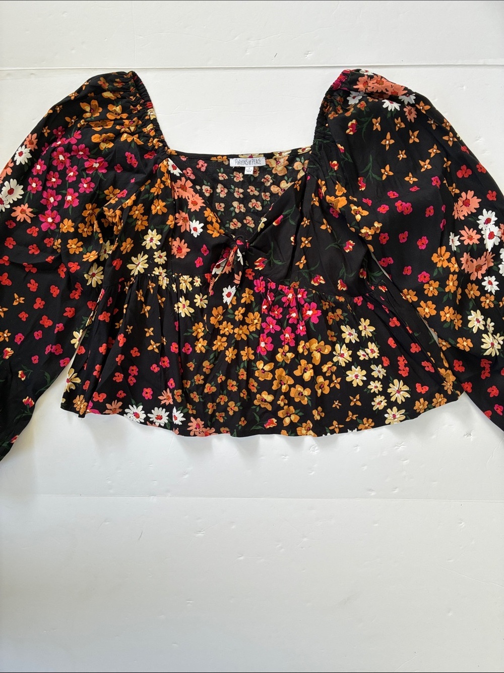 Patrons of Peace Floral Tie Detail Puff Long Sleeve Blouse Babydoll Boho Small